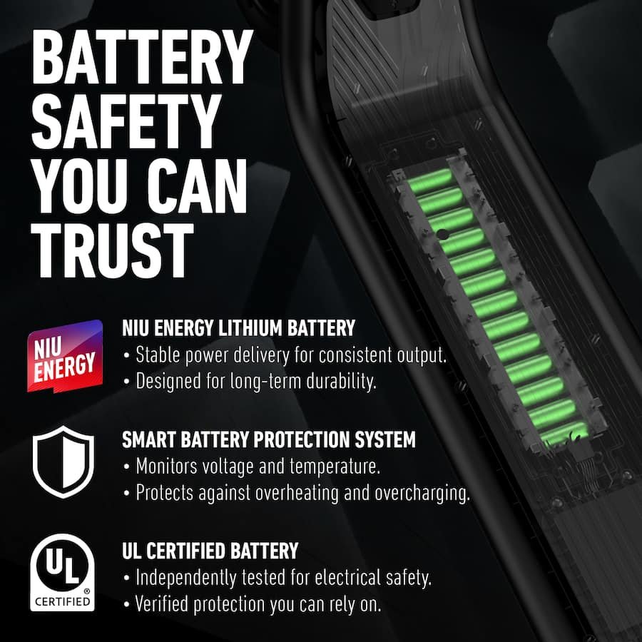 Internal view of a green glowing lithium battery pack highlighting smart protection and UL certification