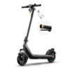 An angled front view of the dark gray NIU KQi 200P electric scooter on a white background, with an arrow pointing to an inset circle that provides a close-up of the illuminated amber LED handlebar end turn signal.