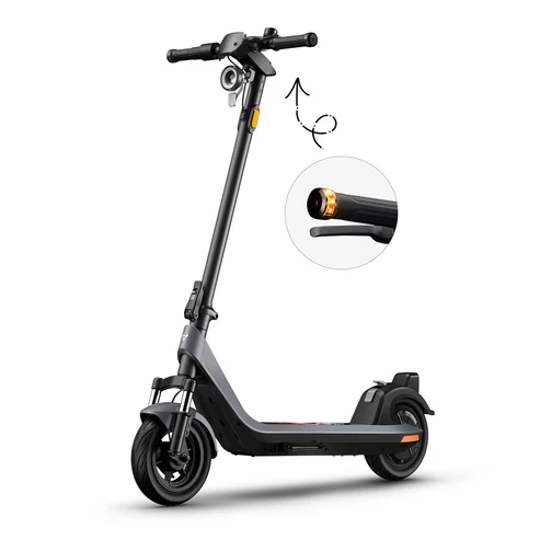 An angled front view of the dark gray NIU KQi 200P electric scooter on a white background, with an arrow pointing to an inset circle that provides a close-up of the illuminated amber LED handlebar end turn signal.