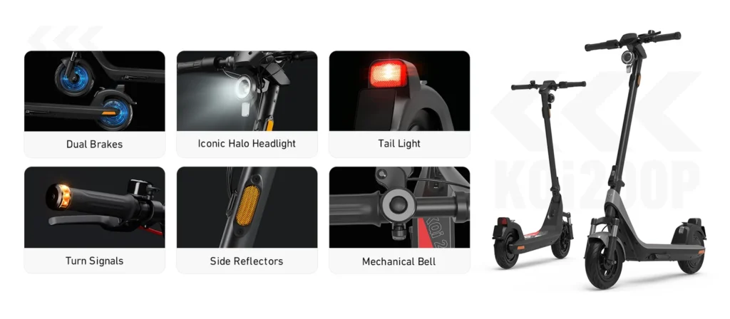 A six-panel grid infographic showing close-ups of dual brakes, halo headlight, taillight, turn signals, side reflectors, and a mechanical bell, alongside two full side profile views of the dark gray NIU KQi 200P electric scooter against a white background.