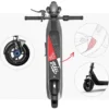A top-down, overhead photograph of the dark gray NIU KQi 200P electric scooter, centered against a white background. It is surrounded by three inset circular callouts pointing to the innovative drum brake, swappable griptape design, and integrated wiring, with descriptive text for each feature.