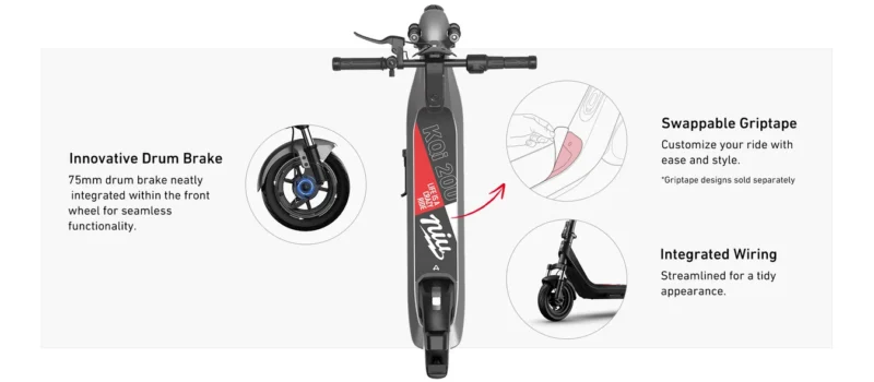 A top-down, overhead photograph of the dark gray NIU KQi 200P electric scooter, centered against a white background. It is surrounded by three inset circular callouts pointing to the innovative drum brake, swappable griptape design, and integrated wiring, with descriptive text for each feature.