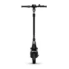 A direct, head-on studio photograph of the dark gray NIU KQi 200P electric scooter, standing upright on a white background. The view emphasizes the wide handlebars, integrated halo headlight, and the robust front suspension and wheel, showcasing its symmetric front profile.