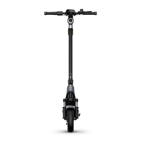 A direct, head-on studio photograph of the dark gray NIU KQi 200P electric scooter, standing upright on a white background. The view emphasizes the wide handlebars, integrated halo headlight, and the robust front suspension and wheel, showcasing its symmetric front profile.