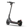 A three-quarter front view of the dark gray NIU KQi 200P electric scooter, standing on a white background, showing its headlight, front suspension, and deck.