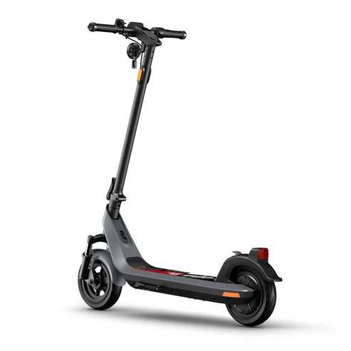 A three-quarter front view of the dark gray NIU KQi 200P electric scooter, standing on a white background, showing its headlight, front suspension, and deck.