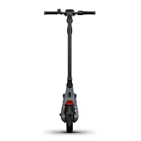 A direct rear view of the dark gray NIU KQi 200P electric scooter, standing upright on a white background, showcasing its rear taillight, fender, and the single rear tire.