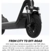 Close-up of the front fork dual suspension and front wheel on a NIU KQi 100P electric scooter.