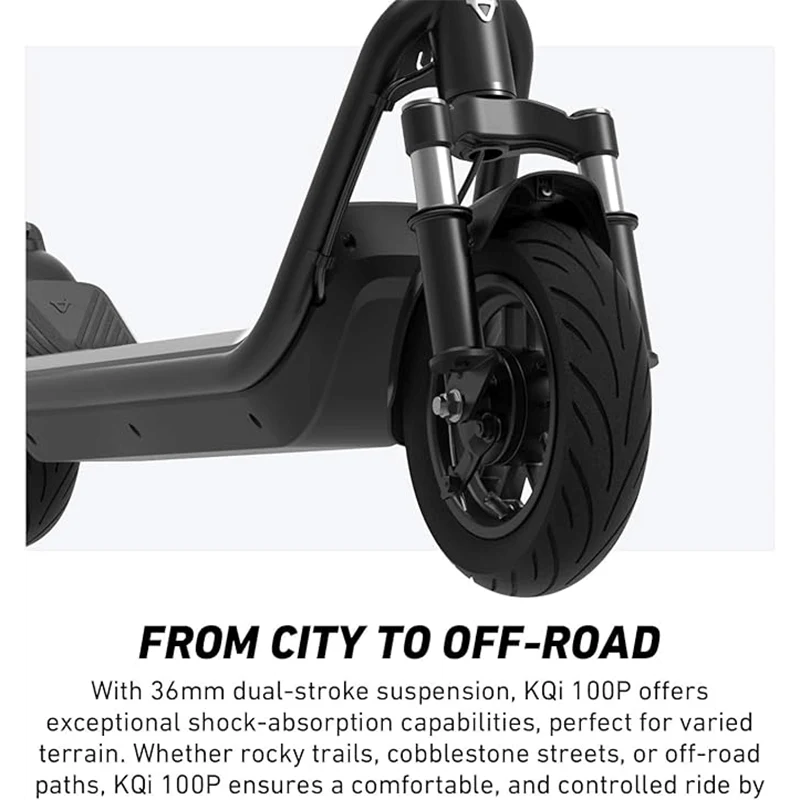 Close-up of the front fork dual suspension and front wheel on a NIU KQi 100P electric scooter.