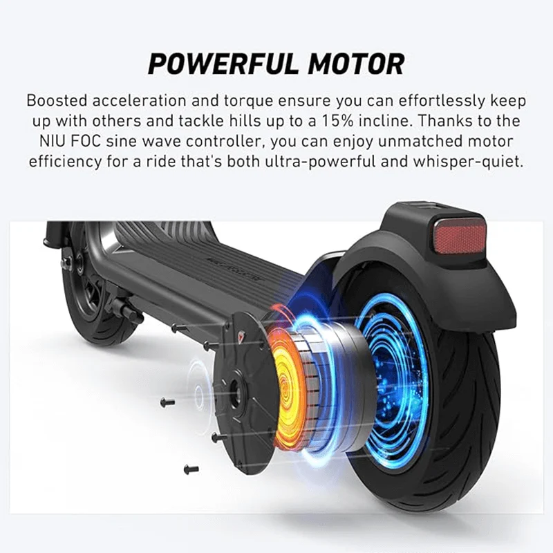 Multi-panel graphic displaying water resistance, headlight, tail light, side reflectors, and mechanical bell of the NIU KQi 100P electric scooter.