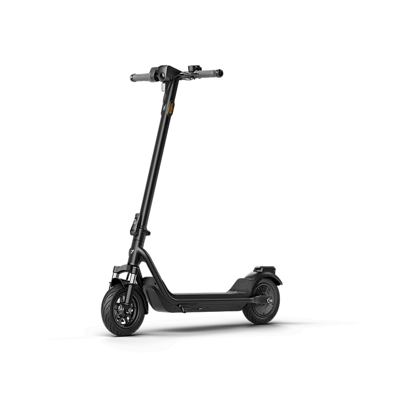 Three-quarter front left view of a black electric scooter standing upright against a plain white background.