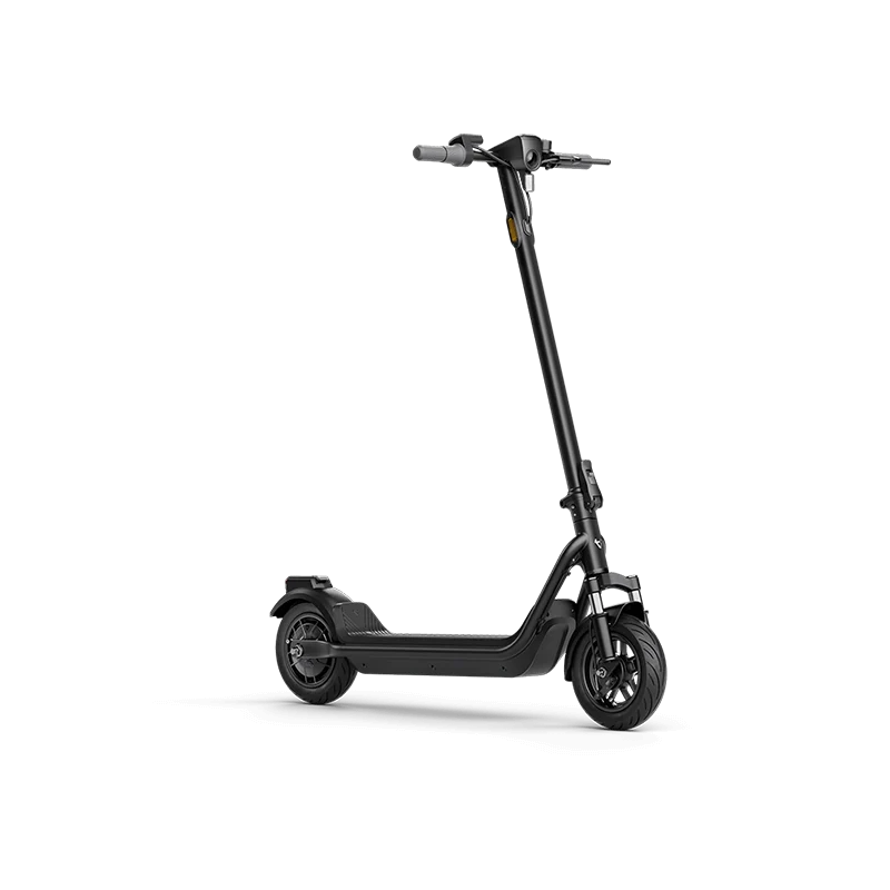 Three-quarter front right view of a black electric scooter on a clean white background.