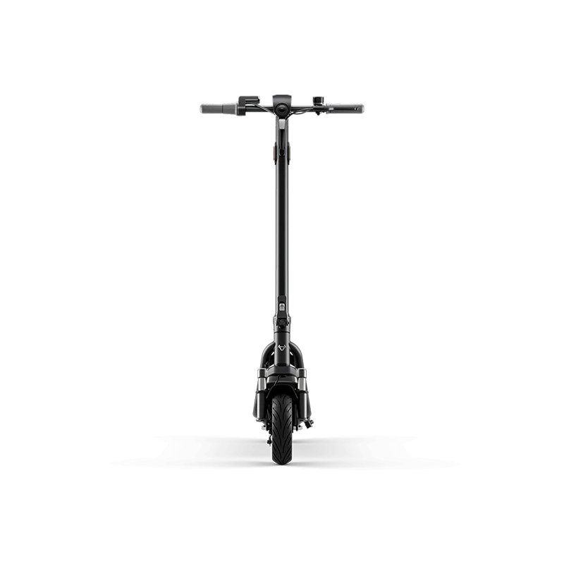 Direct front-on view of a black electric scooter showing the narrow handlebar profile and front wheel