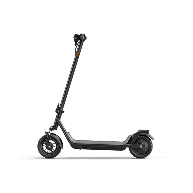 Full side profile of a black adult electric scooter isolated against a white background