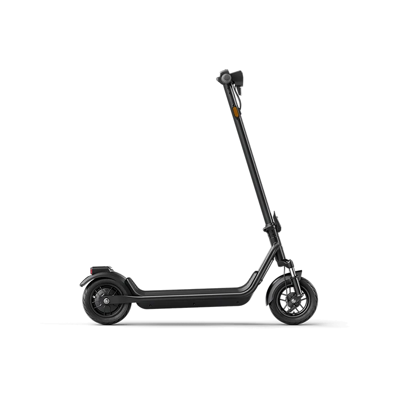 Full right side profile view of a black NIU KQi 100P electric scooter against a clean white background.