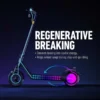 A side profile of the dark gray NIU KQi 200P electric scooter against a dark purple and blue gradient background. Blue lines trace the flow of energy from the front wheel, through the deck battery, and to the rear wheel, where a pink circle highlights the motor. Large white text reads "REGENERATIVE BREAKING" [sic]. Bullet points explain converting braking energy to extend range.