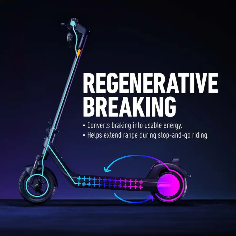 A side profile of the dark gray NIU KQi 200P electric scooter against a dark purple and blue gradient background. Blue lines trace the flow of energy from the front wheel, through the deck battery, and to the rear wheel, where a pink circle highlights the motor. Large white text reads "REGENERATIVE BREAKING" [sic]. Bullet points explain converting braking energy to extend range.