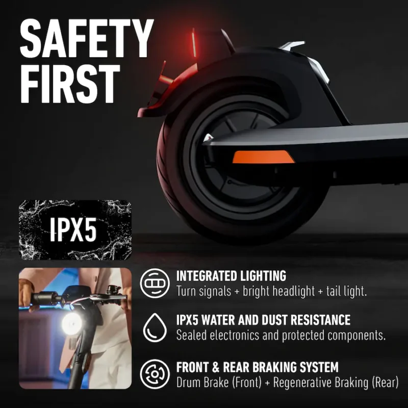 A close-up of the rear wheel and taillight assembly of the dark gray NIU KQi 200P electric scooter against a dark background. The red taillight is illuminated. Text in the top left reads "SAFETY FIRST". Below this, an inset graphic shows an IPX5 water resistance logo and a rider using the bright headlight. Further text details integrated lighting, IPX5 rating, and the front drum/rear regenerative braking system.