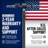 Handlebars of an electric scooter against a U.S. flag background highlighting 2-year warranty and customer support.