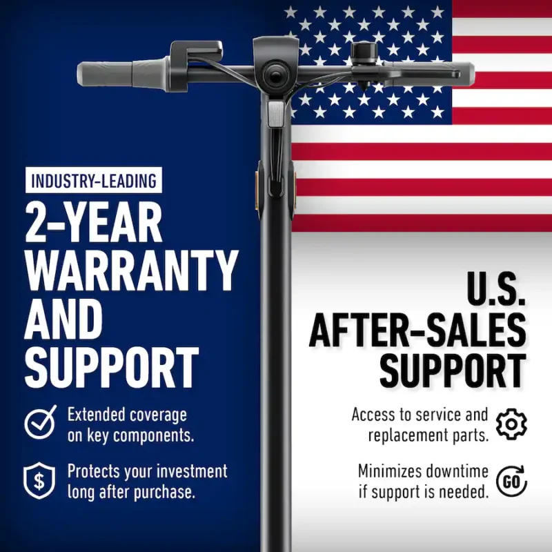 Handlebars of an electric scooter against a U.S. flag background highlighting 2-year warranty and customer support.