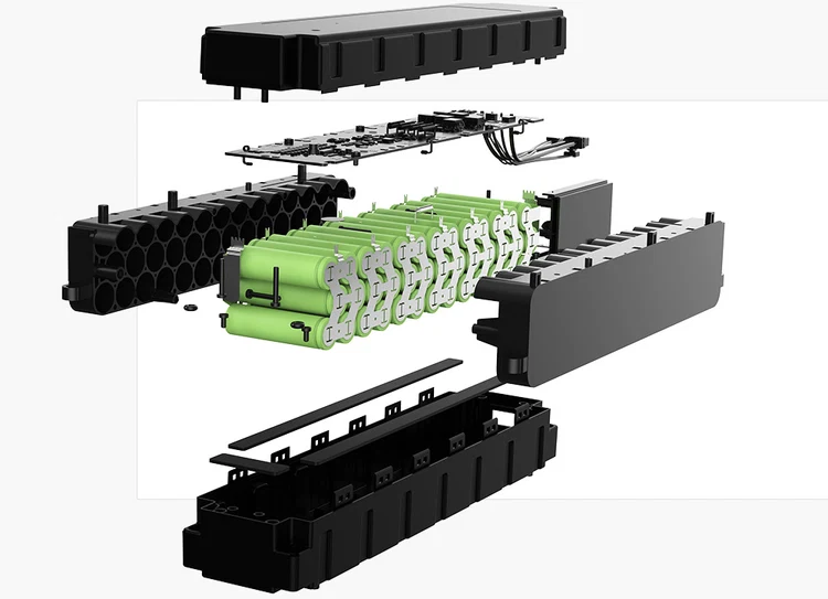 An exploded, isometric view of the NIU KQi 200P electric scooter's battery pack, revealing layers of interconnected green cylindrical lithium-ion cells, the Battery Management System (BMS) circuit board, and the durable black casing, all separated and floating in a layered composition against a white background.