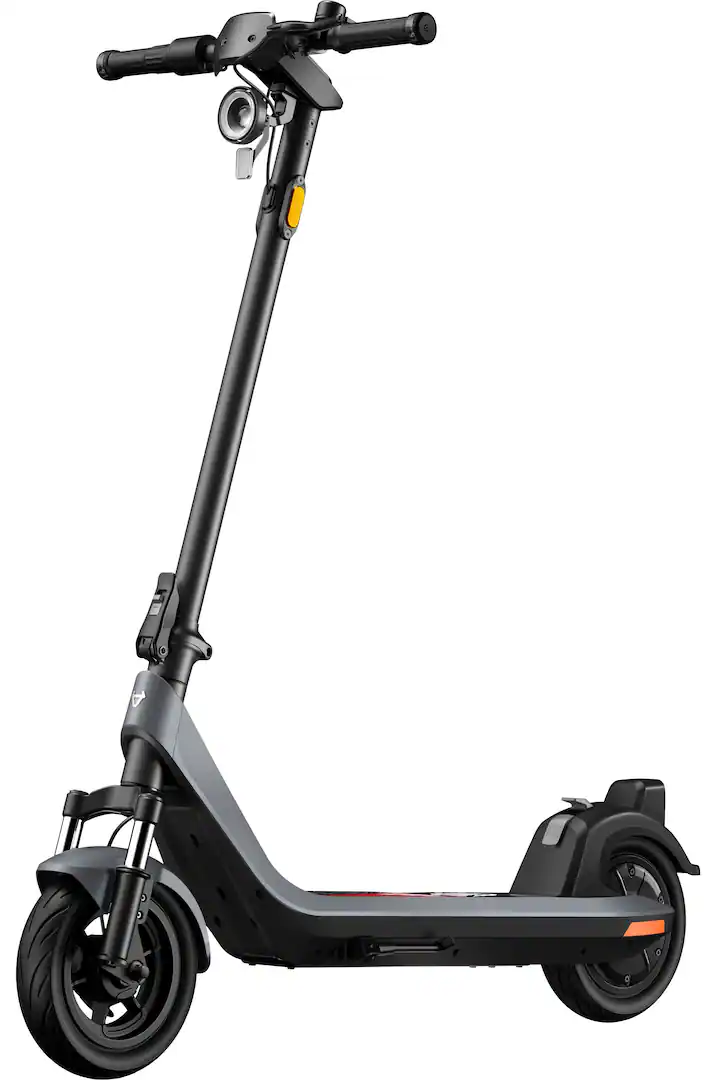 A direct, three-quarter studio photograph of the dark gray NIU KQi 200P electric scooter against a plain white background.