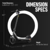 A studio photograph of the NIU KQi 200P electric scooter from a three-quarter front view, against a black background with a large white outlined circle. Graphic text overlays provide dimension specifications: "Folded Dimensions (LxWxH) 45.3" x 21.3" x 21.5"", "48.7"", "21.3"", "45.3"", and "Weight 43.4 lbs (inc. battery)".
