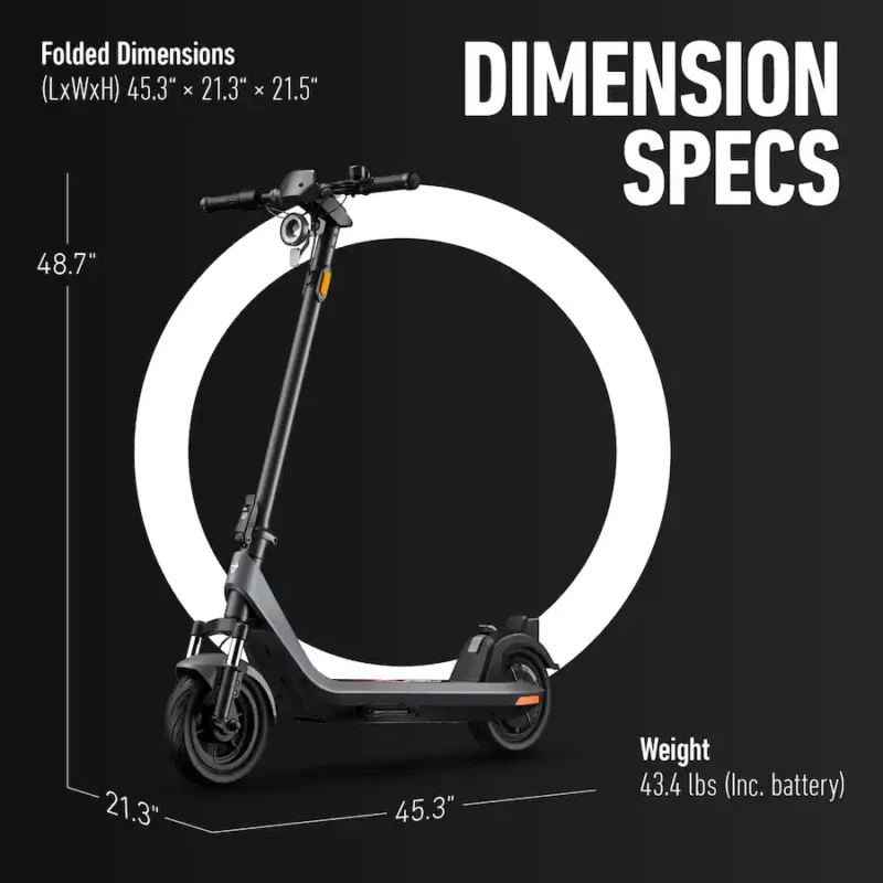 A studio photograph of the NIU KQi 200P electric scooter from a three-quarter front view, against a black background with a large white outlined circle. Graphic text overlays provide dimension specifications: "Folded Dimensions (LxWxH) 45.3" x 21.3" x 21.5"", "48.7"", "21.3"", "45.3"", and "Weight 43.4 lbs (inc. battery)".