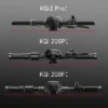 An overhead comparison view of three sets of electric scooter handlebars labeled "KQi2 Pro:", "KQi 200P:", and "KQi 200F:", showing minor design variations in grips, bells, and brake levers, all against a dark gradient background.