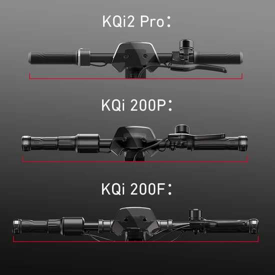 An overhead comparison view of three sets of electric scooter handlebars labeled "KQi2 Pro:", "KQi 200P:", and "KQi 200F:", showing minor design variations in grips, bells, and brake levers, all against a dark gradient background.