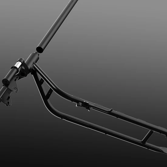 A clean, angled studio render showcasing the bare, welded tubular steel frame of the NIU KQi 200P electric scooter against a dark gradient background, emphasizing its structural integrity.