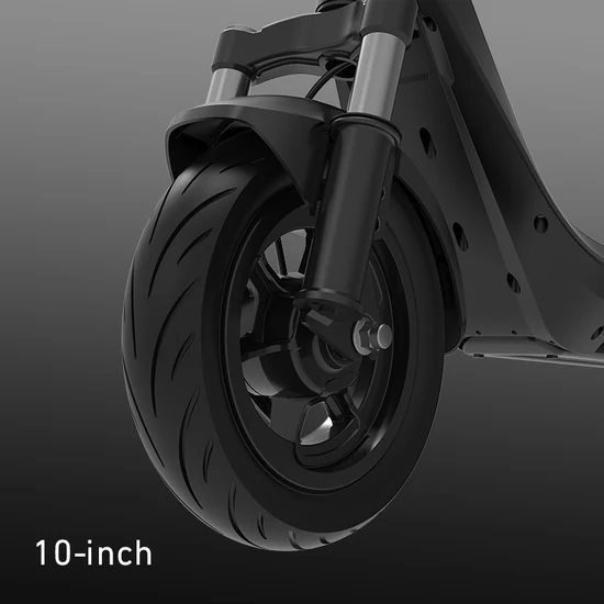A detailed view of the front left side of the dark gray NIU KQi 200P electric scooter, focusing on the 10-inch pneumatic tire, intricate black rim, and hydraulic suspension fork against a dark gradient background, with "10-inch" text in the corner.